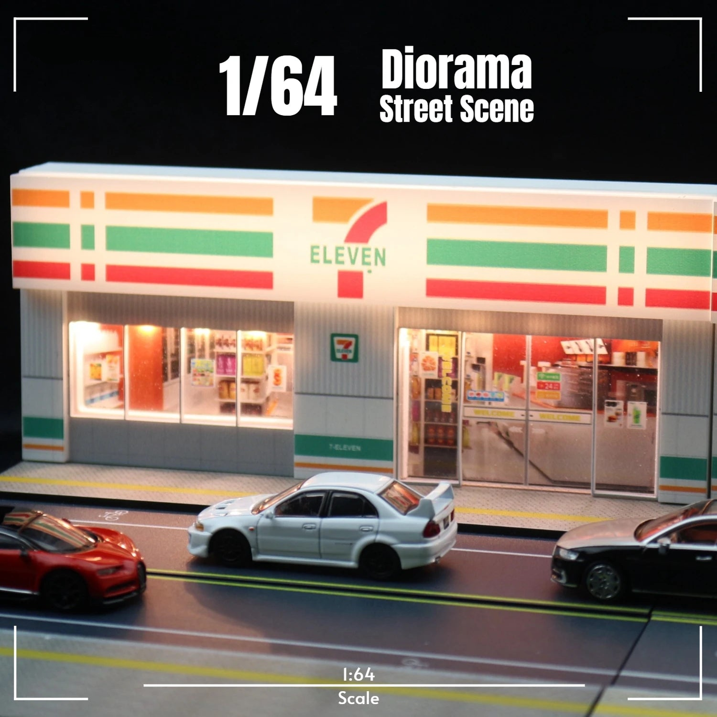 1/64 Diorama Store Model LED Lighting City Street Mini Car View Building Scene